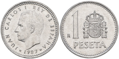 Испания 1 песета 1987 M, Хуан Карлос I (1975-2014) KM 821 алюминий 4402-1051