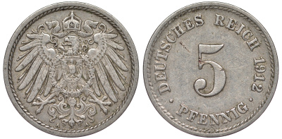 Германия 5 пфеннигов 1912 A, KM 11, J. 12 медно-никель 25-2454