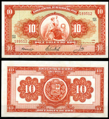 Перу 10 солей 1966 сидящая свобода, Thomas de la Rue Pick 84 a  бумага  аUNC 444-143-1-2