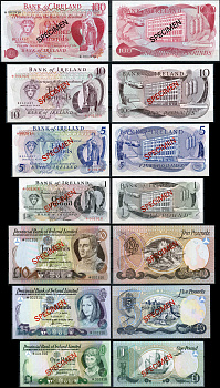 Северная Ирландия 1, 1, 5, 5, 10, 10 и 100 фунтов ND (1974-1978) образец, Specimen, № 001916 Pick 61 s, 62 s, 63 s, 64 s, 247 s, 248 s, 249 s  бумага  UNC (пресс) 451-268-1