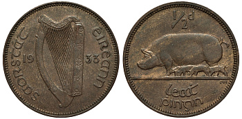 Ирландия 1/2 пенни 1933 свинья с поросятами KM 2 бронза aUNC 441-135