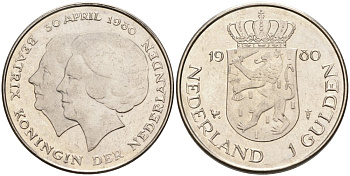 Нидерланды 1 гульден 1980 на коронацию Беатрикс, 30 апреля 1980 KM 200 никель 4563-153