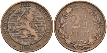 Нидерланды 2 1/2 цента 1890 Виллем III (1849-1890) KM 108 бронза 4575-924