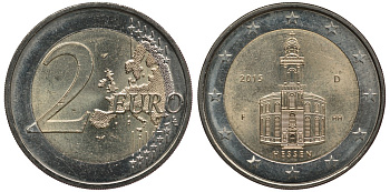 ФРГ 2 ЕВРО 2015 F, ГЕССЕН, ЦЕРКОВЬ СВЯТОГО ПАВЛА ВО ФРАНКФУРТЕ-НА-МАЙНЕ, СЕРИЯ ФЕДЕРАЛЬНЫЕ ЗЕМЛИ ГЕРМАНИИ KM NEW биметалл 4380-436