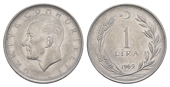 Турция 1 лира 1969 KM 889a.2 нержавеющая сталь 4577-653