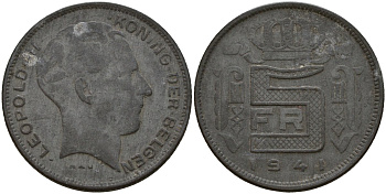 Бельгия 5 франков 1941 DES BELGEN, Леопольд III (1934-1947) KM 129 цинк 4161-924