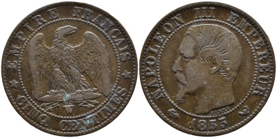 ФРАНЦИЯ 5 САНТИМОВ 1855 W, НАПОЛЕОН III (1852-1870) KM 777.7, LA FRANC 116.29 бронза 4393-1234