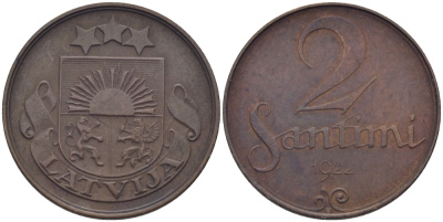 ЛАТВИЯ 2 САНТИМА 1922 ПЕРВАЯ РЕСПУБЛИКА (1918-1939) KM 2 бронза 08-1343