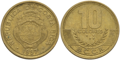 КОСТА-РИКА 10 КОЛОН 1997 а KM 228а латунь 67-1012