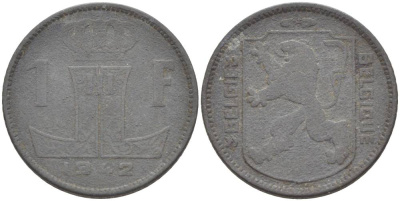 БЕЛЬГИЯ 1 ФРАНК 1942 BELGIE-BELGIQUE KM 128 цинк 4546-236