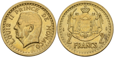 Монако 2 франка 1945 Луи II (1922-1949) KM 121а алюминиевая бронза    4599-425