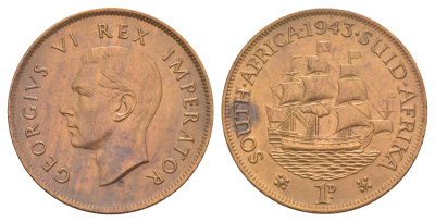 ЮАР 1 пенни 1943 Георг VI (1936-1952) KM 25 бронза 4645-843
