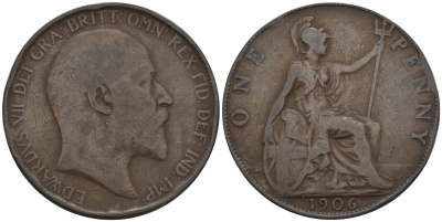 Великобритания 1 пенни 1906 Эдуард VII (1901-1910) KM 794.2, Spink 3990 бронза 4607-1143