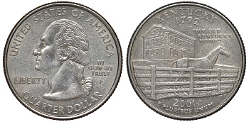 США 25 центов = квотер 2001 Р, серия штаты США, Кентукки KM 322 медь плакированная медно-никелем 4539-243