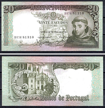 Португалия 20 эскудо 1964 Антоний Падуанский Pick 167 b (5) бумага UNC (пресс) 402-39-2-1