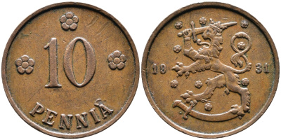 Финляндия 10 пенни 1931 республика (1918-1962) KM 24 медь 4388-855