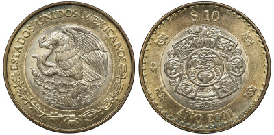 Мексика 10 песо 2001 Мо, бог Тонатиу - бог солнца, смена тысечелетий KM 636 биметалл 4367-1112