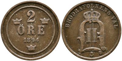 Швеция 2 эре 1894 Оскар II (1872-1907) король Швеции и Норвегии, закрытая четверка KM 746 бронза 56-315