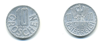 Австрия 10 грошей 1965 KM 2878 алюминий 4364-1143