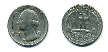 США 25 центов (квотер) 1965 Вашингтон KM 164а медь плакированная медно-никелем 46-1457