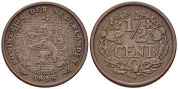 НИДЕРЛАНДЫ 1/2 ЦЕНТА 1936 ВИЛЬГЕЛЬМИНА (1890-1948) KM 138 бронза 39-228