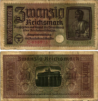 ГЕРМАНИЯ 20 РЕЙХСМАРОК 1940-1945 СЕРИЯ С, ДЛЯ ОККУПИРОВАНЫХ ТЕРРИТОРИЙ, ВТОРАЯ МИРОВАЯ ВОЙНА, ДЮРЕР Pick R139, Розенберг 554а бумага 8615-73-1-2