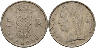 Бельгия 5 франков 1975 Belgie, Бодуэн I (1951-1993) KM 135.1 медно-никель 4156-644
