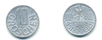 Австрия 10 грошей 1965 KM 2878 алюминий 4364-1143