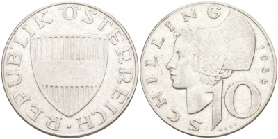 Австрия 10 шиллингов 1958 KM 2882 серебро 68-656