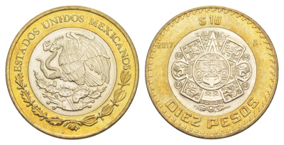 Мексика 10 песо 2017 Мо, бог Тонатиуха с огненной маской KM 616 биметалл UNC 4637-741