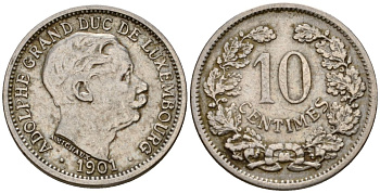 Люксембург 10 сантимов 1901 Адольф (1890-1905) KM 25 медно-никель 4602-456