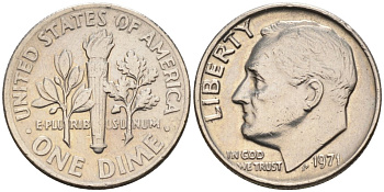 США 10 центов = дайм 1971 Рузвельт KM 195а медь плакированная медно-никелем 4564-536