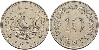 Мальта 10 центов 1972 баржа Великого магистра KM 11 медно-никель 82-626