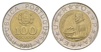 Португалия 100 эскудо 1991 Педру Нуниш (1502-1578), математик KM 645 биметалл 4388-422