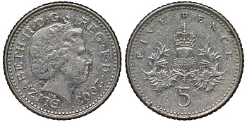 Великобритания 5 пенсов 2003 Елизавета II (1952-2022) KM 988, Spink 4670 (D5) медно-никель 4124-662