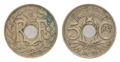 Франция 5 сантимов 1936 KM 875 медно-никель 4647-949