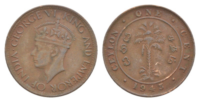 Цейлон 1 цент 1943 Георг VI (1936-1952) KM 111a бронза 4649-234