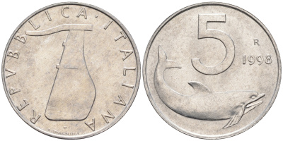Италия 5 лир 1998 R, дельфин KM 92 алюминий  UNC  4594-757