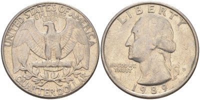США 25 ЦЕНТОВ = КВОТЕР 1989 D, ВАШИНГТОН KM A164a медь плакированная медно-никелем 4114-925