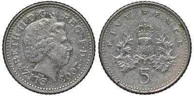 Великобритания 5 пенсов 2003 Елизавета II (1952-2022) KM 988, Spink 4670 (D5) медно-никель 4124-662