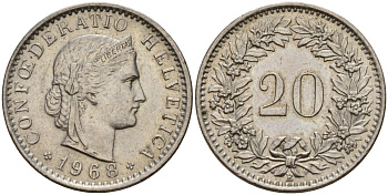 Швейцария 20 раппенов 1968 B KM 29a медно-никель 4187-555