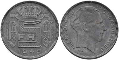 БЕЛЬГИЯ 5 ФРАНКОВ 1945 BELGES, ГЕРМАНСКАЯ ОККУПАЦИЯ, ВТОРАЯ МИРОВАЯ ВОЙНА KM 129.1 цинк 94-113