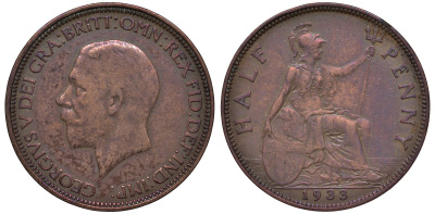 Великобритания 1/2 пенни 1933 Георг V (1910-1936) KM 837, Spink 4058 бронза 4122-743