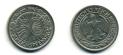 Германия 50 рейхспфеннигов 1929 А KM 49, J. 324 никель 58-524