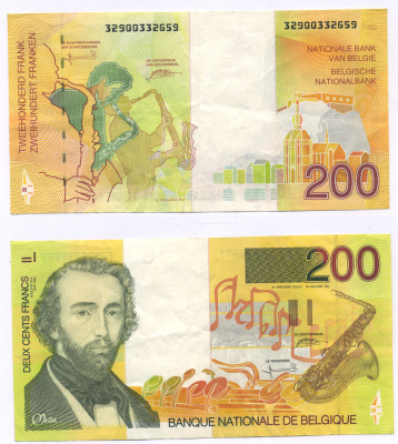БЕЛЬГИЯ 200 ФРАНКОВ 1995 ПОДПИСЬ (5 И 15), БЕЛЬГИЙСКИЙ ИЗОБРЕТАТЕЛЬ МУЗЫКАЛЬНЫХ ИНСТРУМЕНТОВ АДОЛЬФ САКС (1814-1894) Pick 148 бумага 7457-52-1
