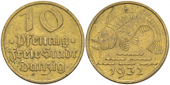 Данциг 10 пфеннигов 1932 рыба J. D 13, KM 152 алюминиевая бронза   68-545