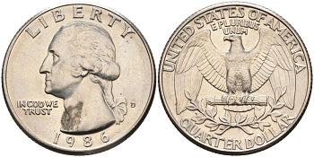 США 25 центов = квотер 1986 D, Вашингтон KM A164a медь плакированная медно-никелем 4584-1227