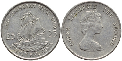 Восточно-Карибские штаты 25 центов 1999 Елизавета II (1952-2022), парусник KM 14 медно-никель 89-612