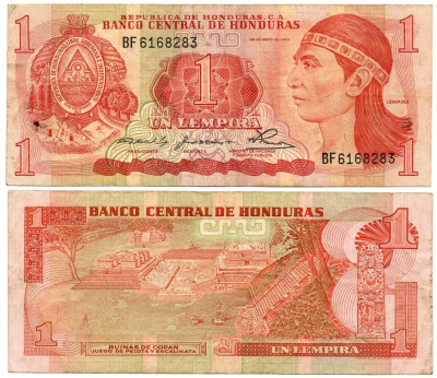 ГОНДУРАС 1 ЛЕМПИРА 1980 29 МАЯ 1980, РУИНЫ КОПАН, ОСТАТКИ ДРЕВНЕГО ГОРОДА ИНКОВ В ГОНДУРАСЕ Pick 68a бумага 8592-24-1-1