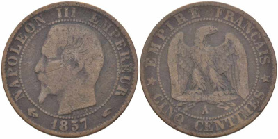 ФРАНЦИЯ 5 САНТИМОВ 1857 A, НАПОЛЕОН III (1852-1870) KM 777.1, LE FRANC 116.37 бронза 108-445